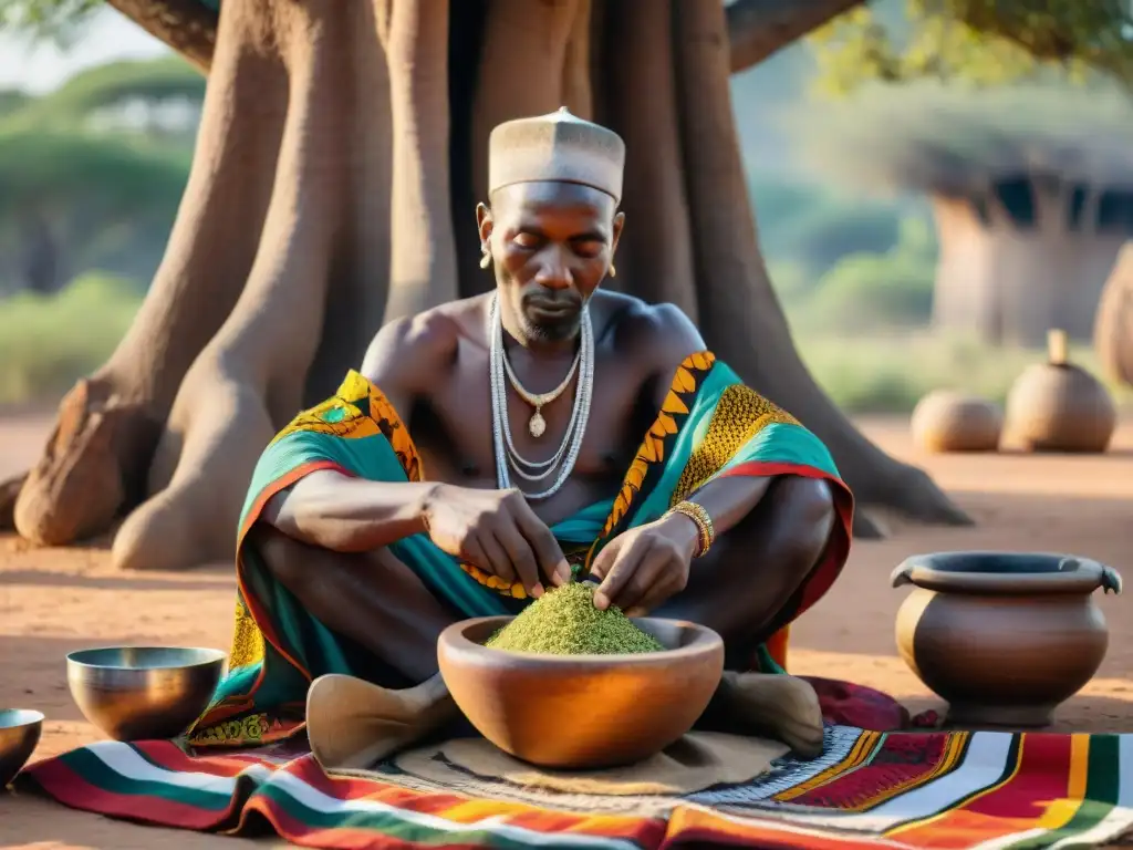 Un sanador africano preparando medicina tradicional bajo un baobab, reflejando conocimientos ancestrales y riqueza cultural