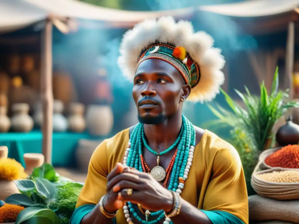 Un sanador africano en un mercado vibrante, rodeado de hierbas y artefactos, consultando con personas