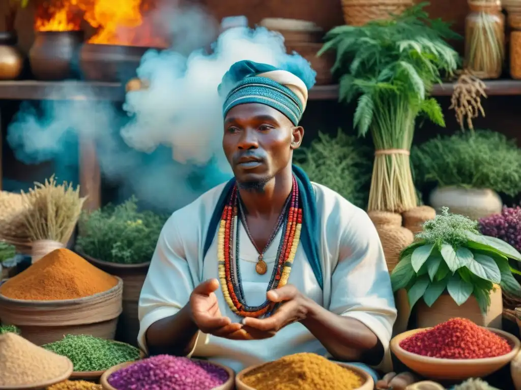 Un sanador africano en un mercado vibrante, rodeado de hierbas y raíces coloridas