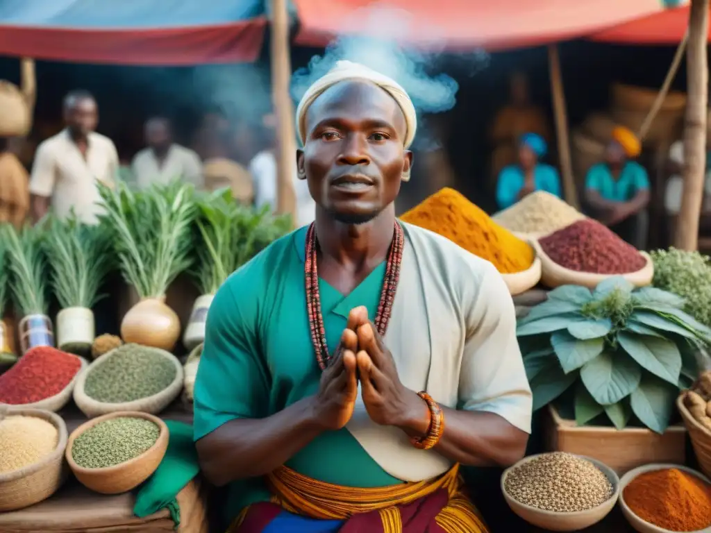 Un sanador africano en un mercado vibrante, usando remedios naturales en un ritual de curación