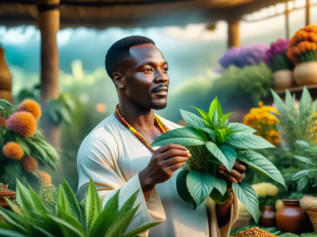 Un sanador africano en un mercado vibrante selecciona plantas medicinales africanas, entre la rica tradición y la farmacéutica moderna