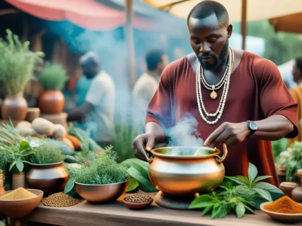 Un sanador africano en un mercado vibrante preparando una poción en un caldero rodeado de hierbas, reflejando la medicina tradicional africana hierbas