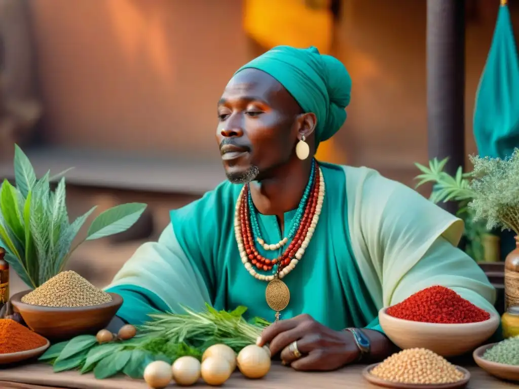 Sanador africano en mercado vibrante practicando medicina tradicional africana conocimientos ancestrales