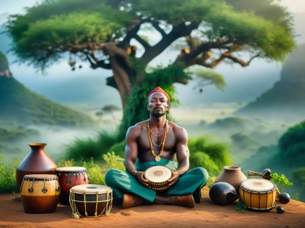 Sanador africano en la naturaleza, tocando instrumentos musicales