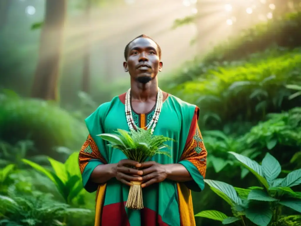 Un sanador africano en la naturaleza con plantas medicinales, expresando sabiduría ancestral