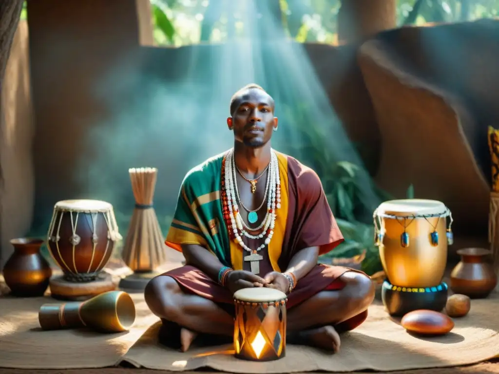 Sanador africano en sesión con paciente entre instrumentos musicales, reflejando la música y la sanación en la cultura africana