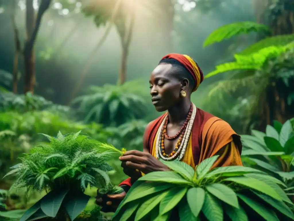 Un sanador africano elige plantas en un exuberante bosque