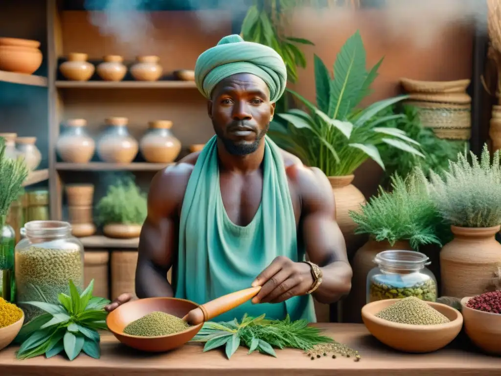 Un sanador africano preparando plantas medicinales en un mercado vibrante