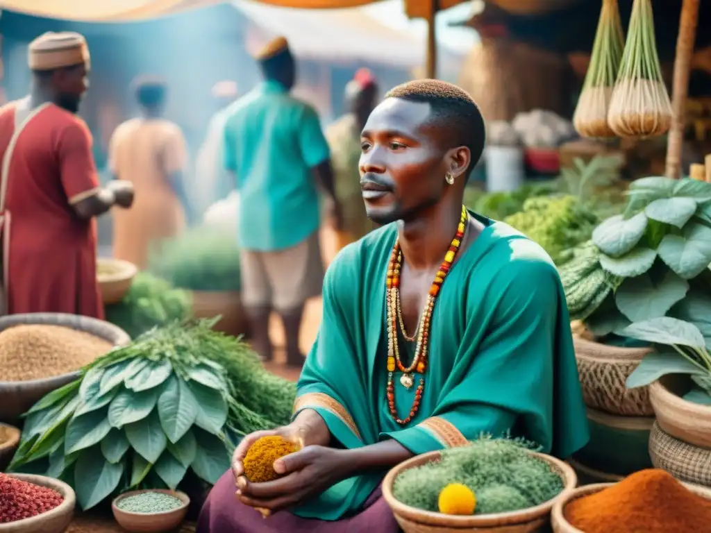 Un sanador africano selecciona plantas medicinales en vibrante mercado antiguo de África