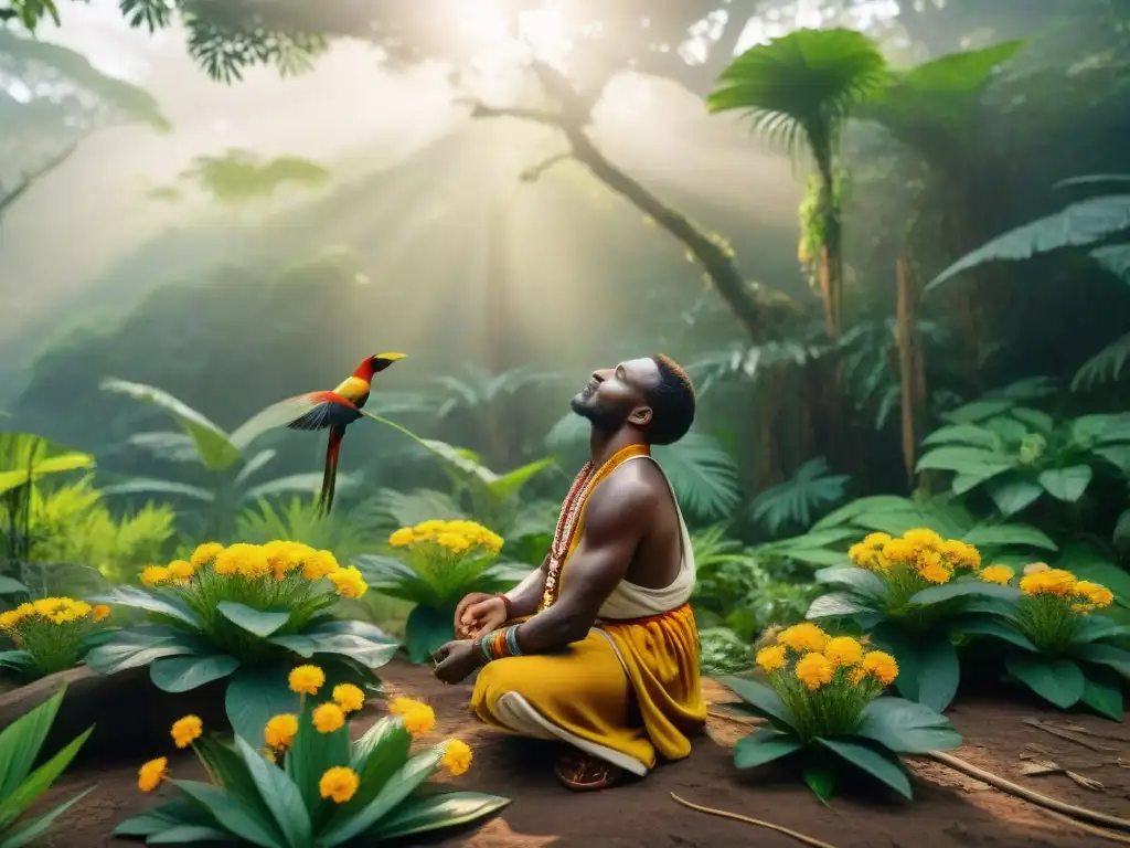 Un sanador africano recolectando plantas medicinales en la exuberante selva, mostrando su profundo conocimiento de la flora local