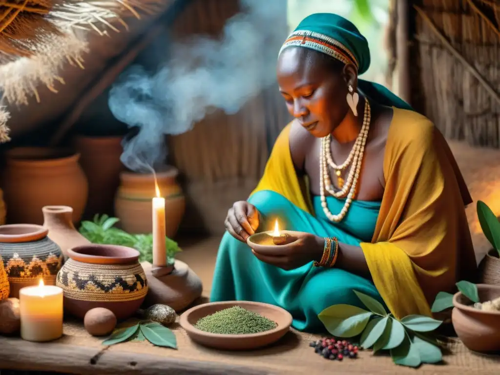 Un sanador africano seleccionando plantas medicinales en un ritual, iluminado por una vela