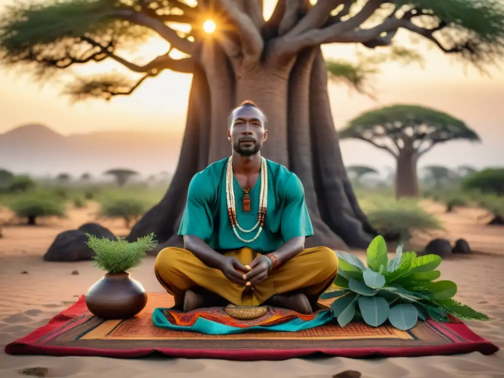 Un sanador africano tradicional arregla plantas medicinales bajo un baobab gigante al atardecer