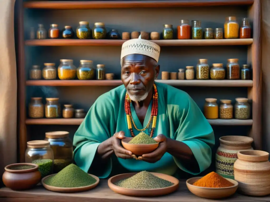 Un sanador africano preparando una poción medicinal con hierbas y raíces, reflejando la influencia global de la medicina tradicional africana