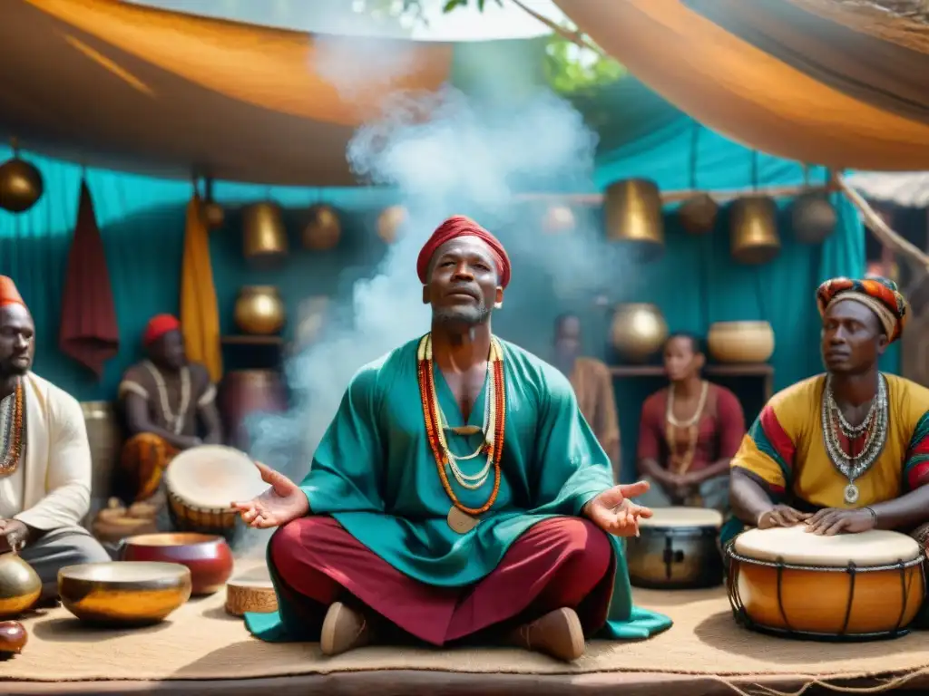 Un sanador africano realiza prácticas curativas a través del sonido en un mercado vibrante de África