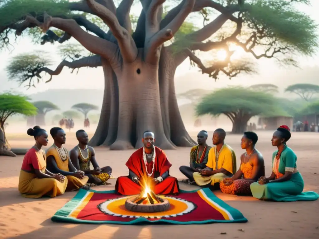 Un sanador africano realiza un ritual bajo un baobab, rodeado de la comunidad en una aldea rural