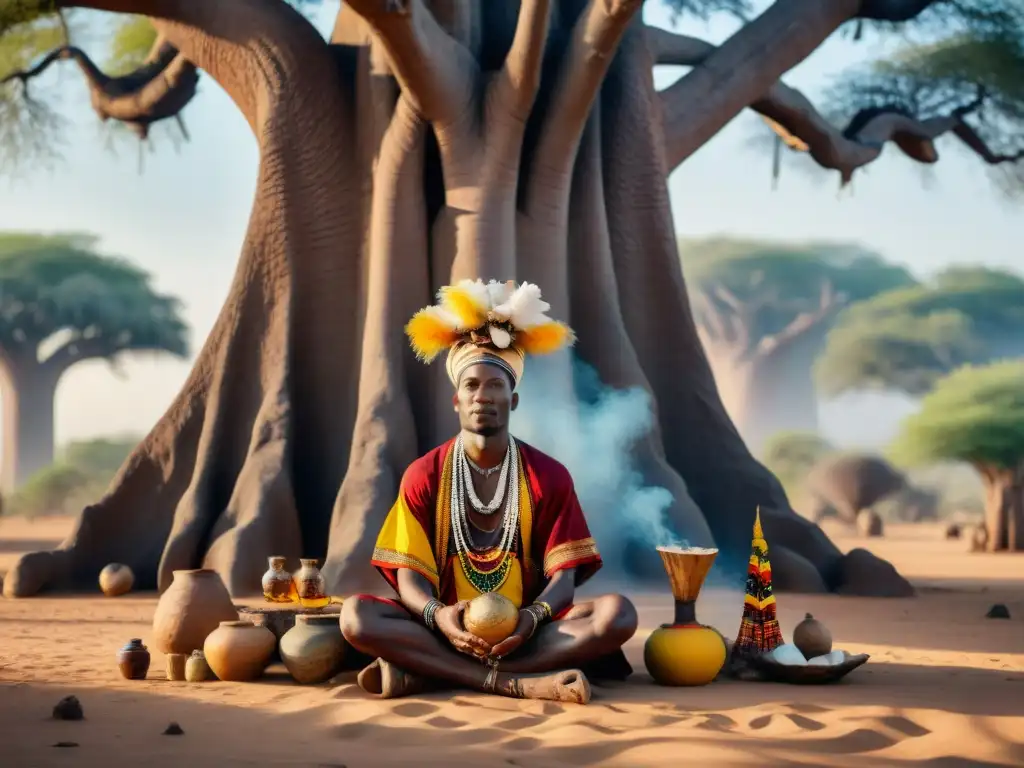 Un sanador africano realiza un ritual bajo un baobab