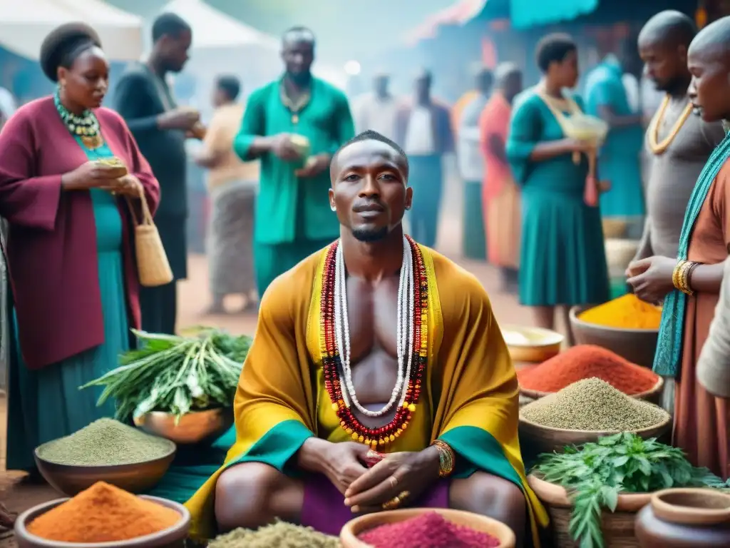 Un sanador africano realiza un ritual de curación en un bullicioso mercado, con prácticas de salud tradicionales integradas