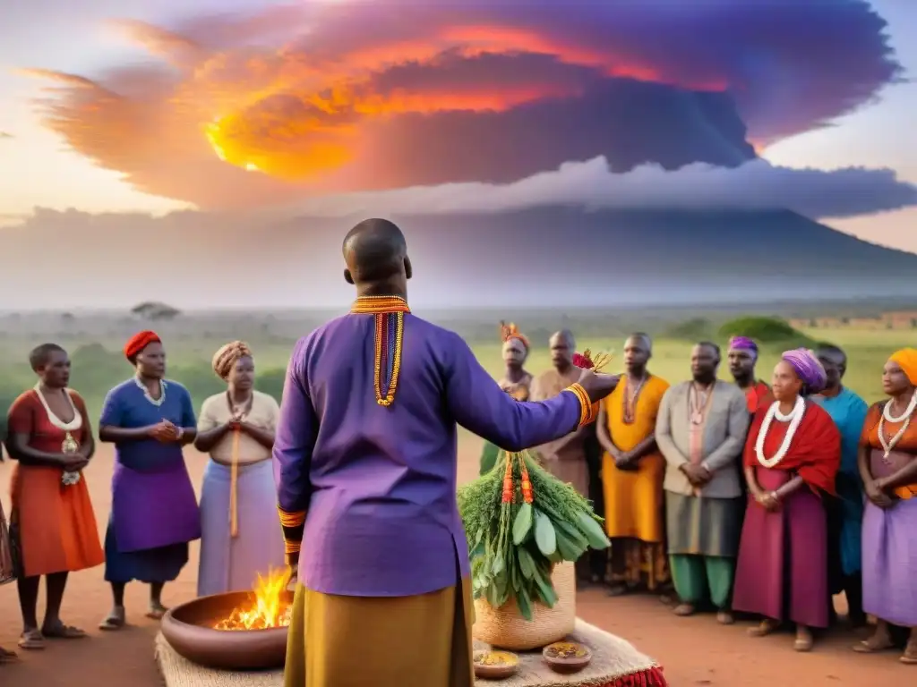 Sanador africano realiza ritual curativo al atardecer con medicina tradicional africana impacto global