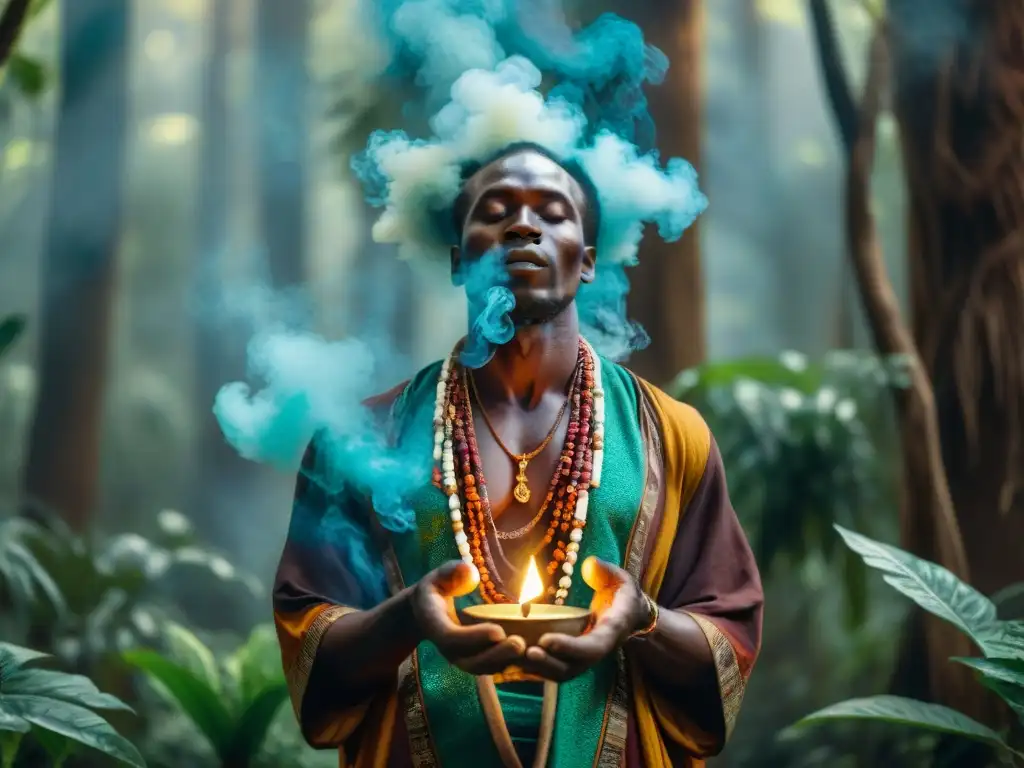 Un sanador africano realiza un ritual espiritual en un bosque exuberante, invocando a los espíritus