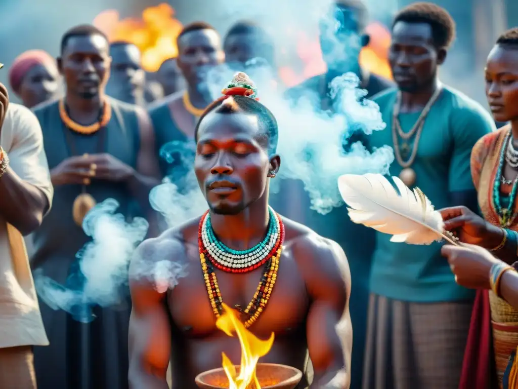 Un sanador africano realiza un ritual con hierbas y fuego, rodeado de personas vestidas con atuendos culturales vibrantes