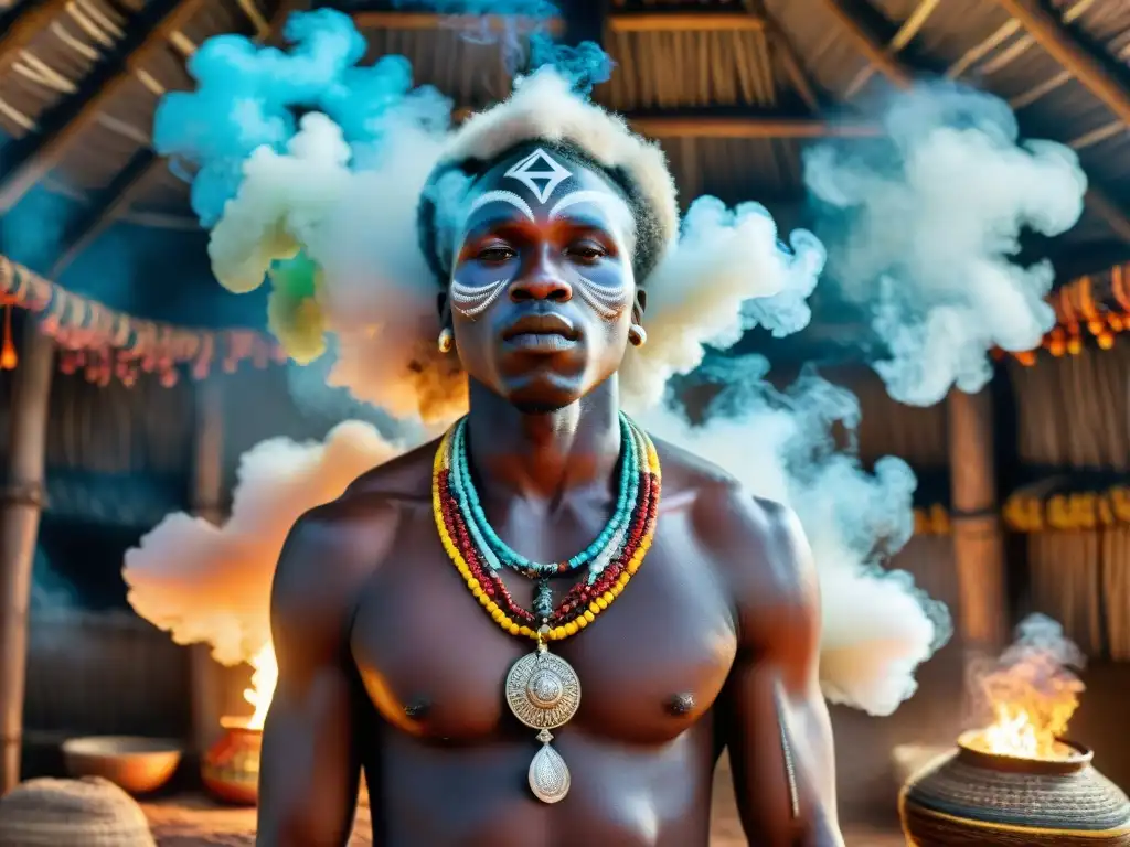 Un sanador africano realiza un ritual de limpieza espiritual con amuletos y símbolos, rodeado de humo, en una choza iluminada tenue