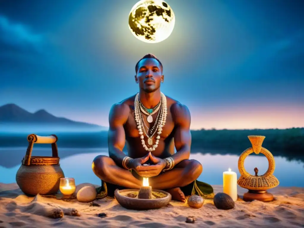 Un sanador africano realiza un ritual bajo la luna llena, conectado con la medicina tradicional africana y los ciclos lunares