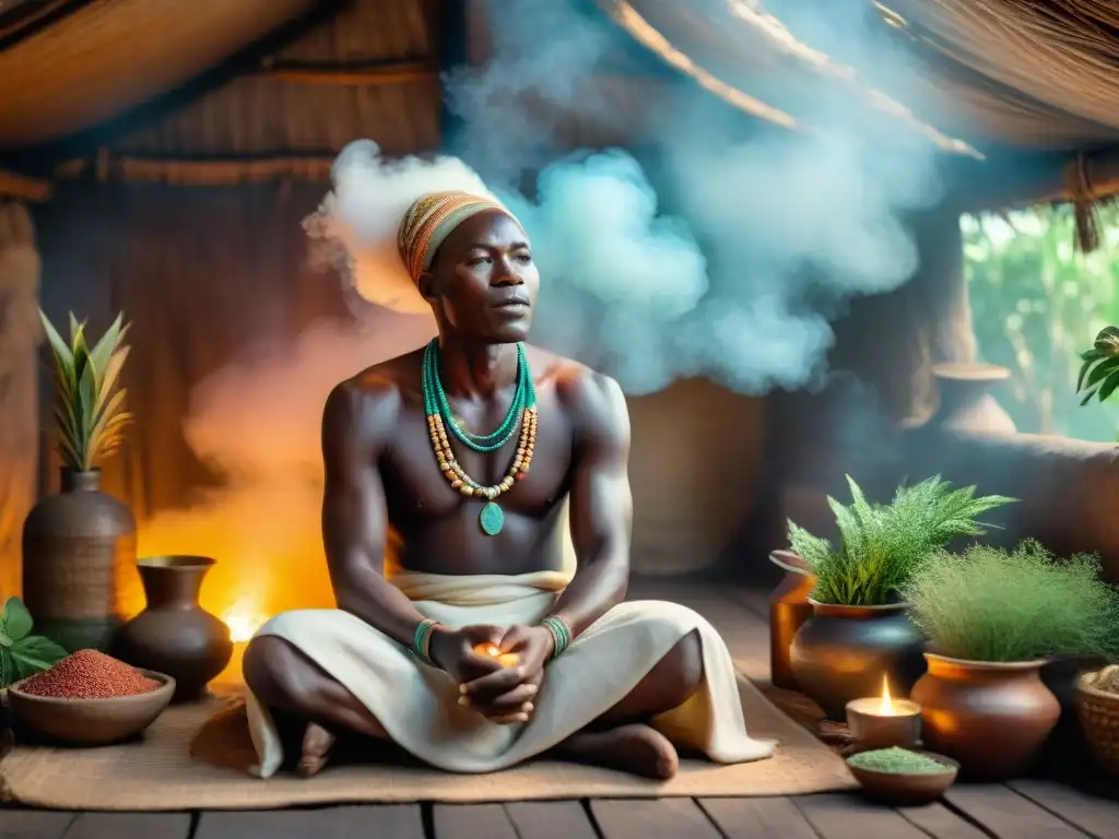 Un sanador africano realiza un ritual con un paciente en una choza iluminada, rodeado de hierbas y energía espiritual