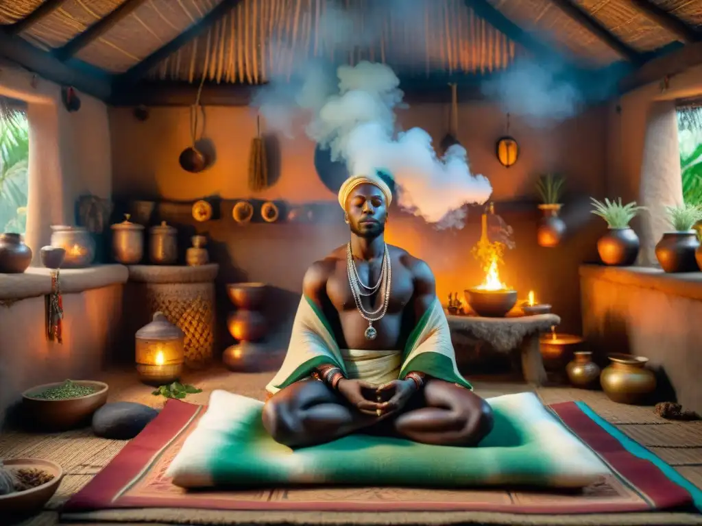Un sanador africano realiza un ritual sagrado en una choza iluminada con hierbas y símbolos, creando una atmósfera espiritual