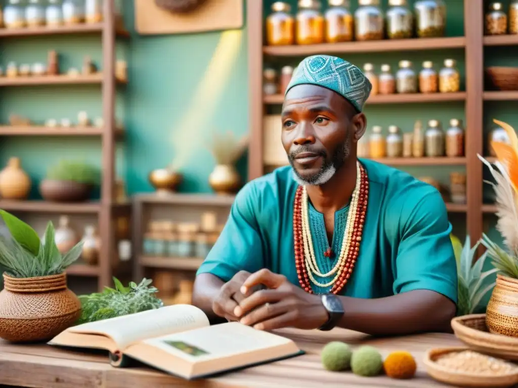 Un sanador africano tradicional en un bullicioso mercado, rodeado de plantas medicinales coloridas