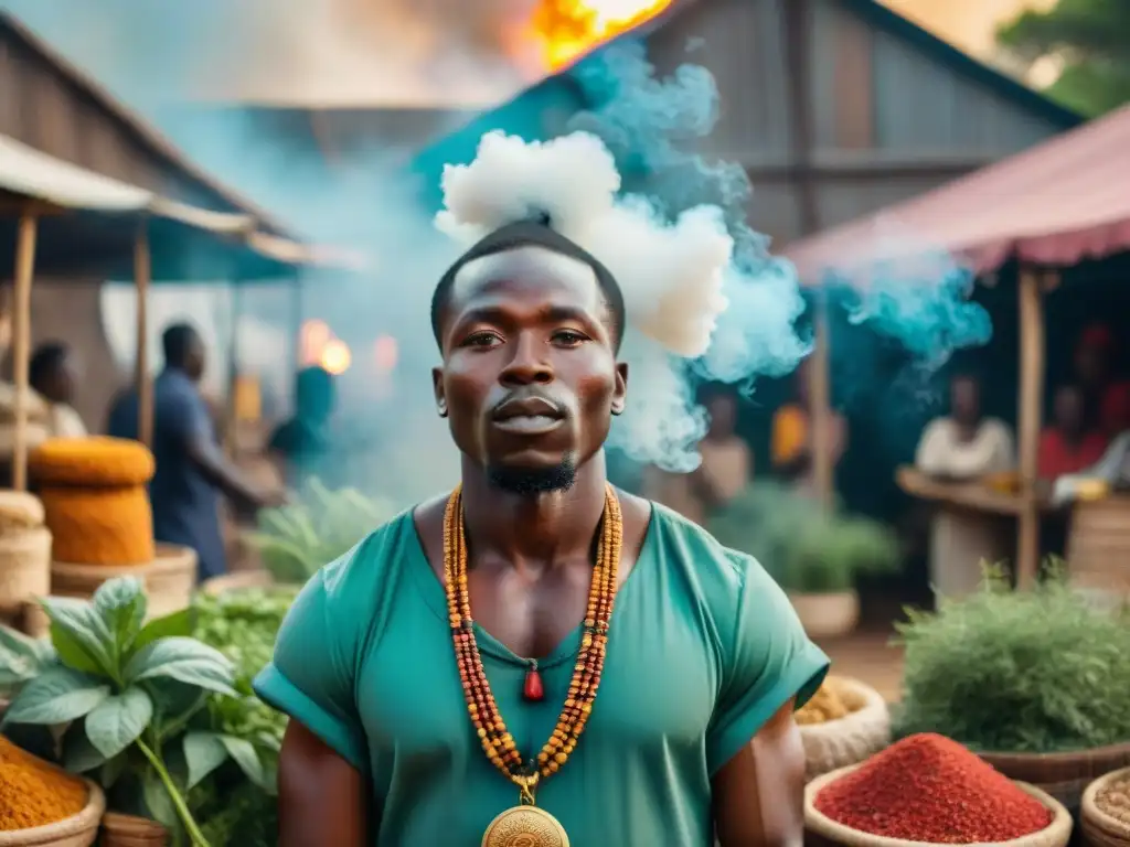 Un sanador africano tradicional realiza una ceremonia en un mercado vibrante, rodeado de hierbas y plantas medicinales coloridas