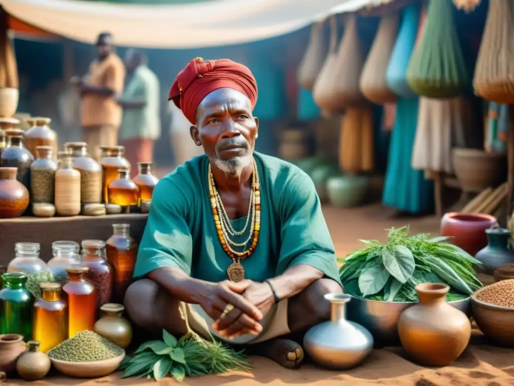 Un sanador africano tradicional con conocimientos médicos en civilizaciones africanas, consultando en un mercado bullicioso