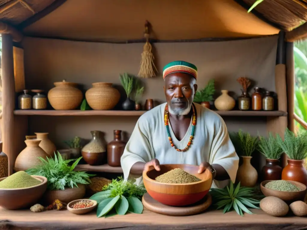 Un sanador africano tradicional mezclando hierbas medicinales en una cabaña iluminada por rayos de sol