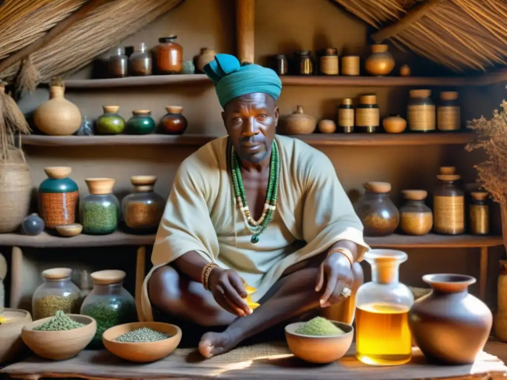 Un sanador africano tradicional prepara una poción en su choza rústica, rodeado de hierbas y remedios naturales