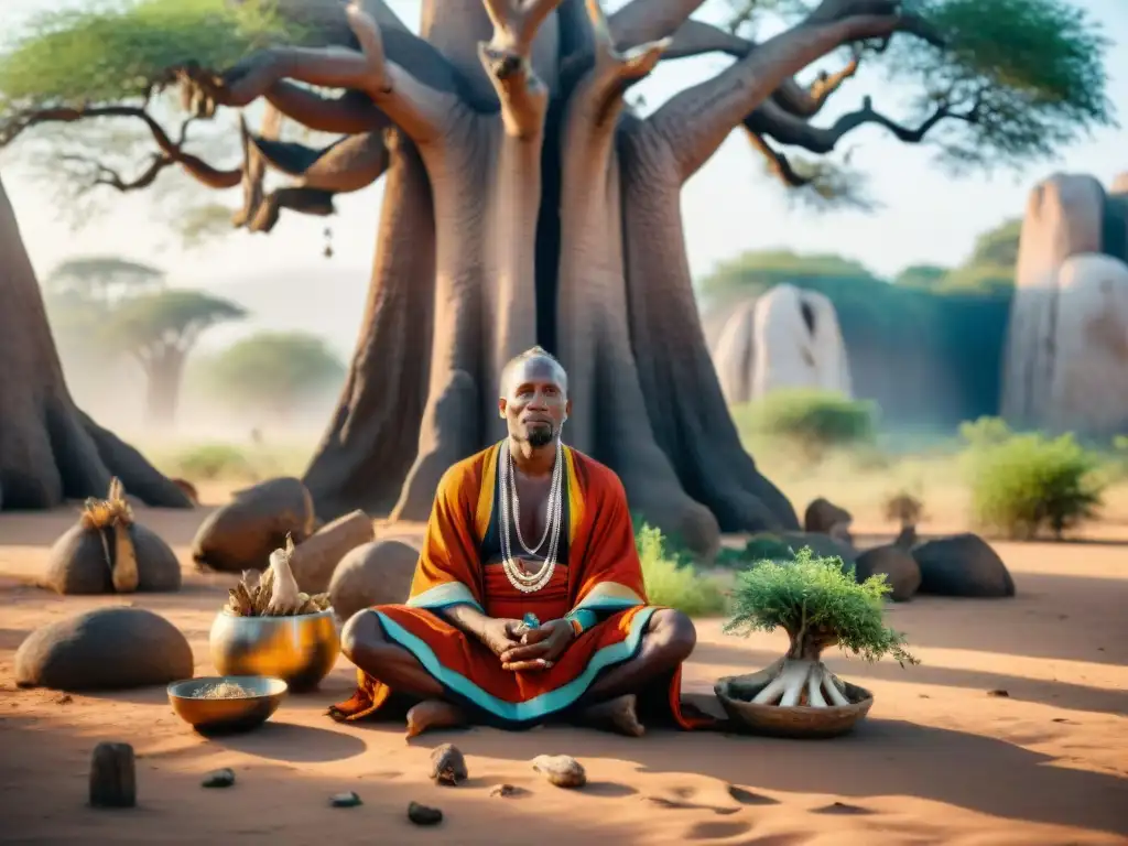 Un sanador africano tradicional realizando un ritual bajo un baobab con Espíritus guía en vida africana