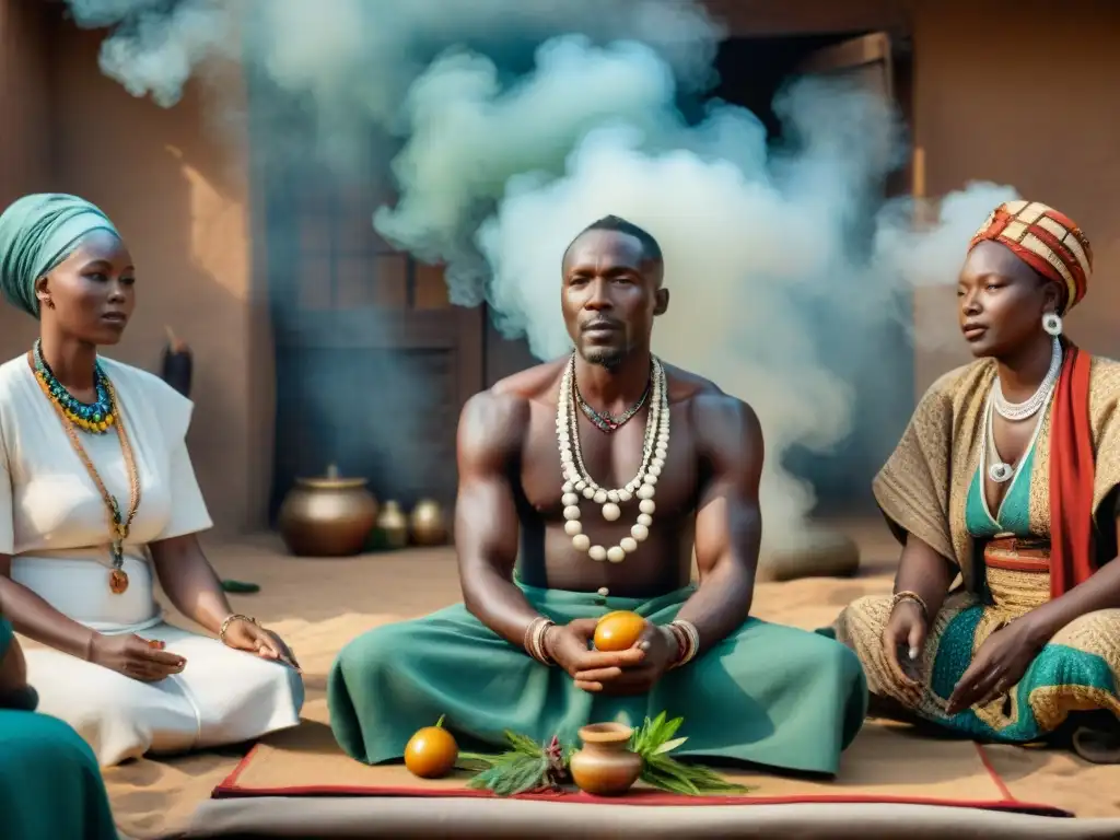 Un sanador africano tradicional realiza un ritual con hierbas medicinales, rodeado de pacientes diversos