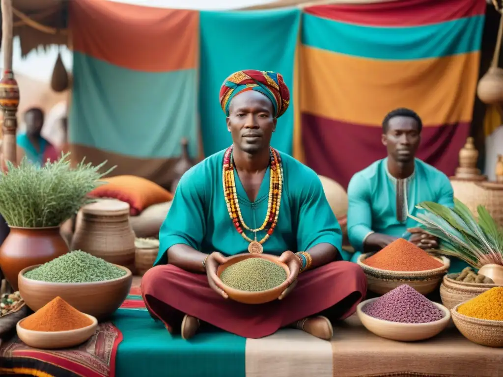 Un sanador africano tradicional realiza una sesión de sanación en un bullicioso mercado africano