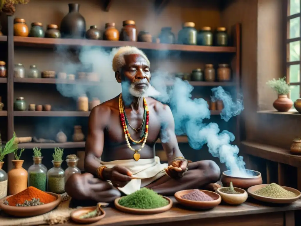 Un sanador africano en traje tradicional realizando un ritual de sanación en un paciente joven, rodeado de hierbas y herramientas