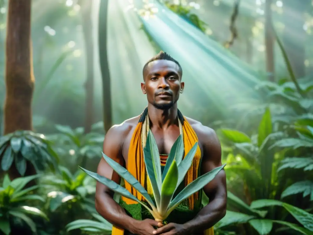 Sanador africano en bosque verde con plantas medicinales