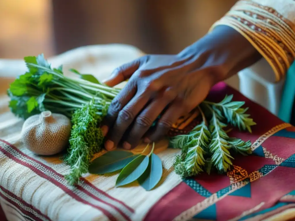 Un sanador ancestral en África selecciona hierbas y raíces con destreza en un paño vibrante