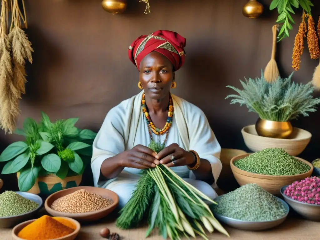 Un sanador tradicional africano en un bullicioso mercado, rodeado de hierbas y plantas coloridas