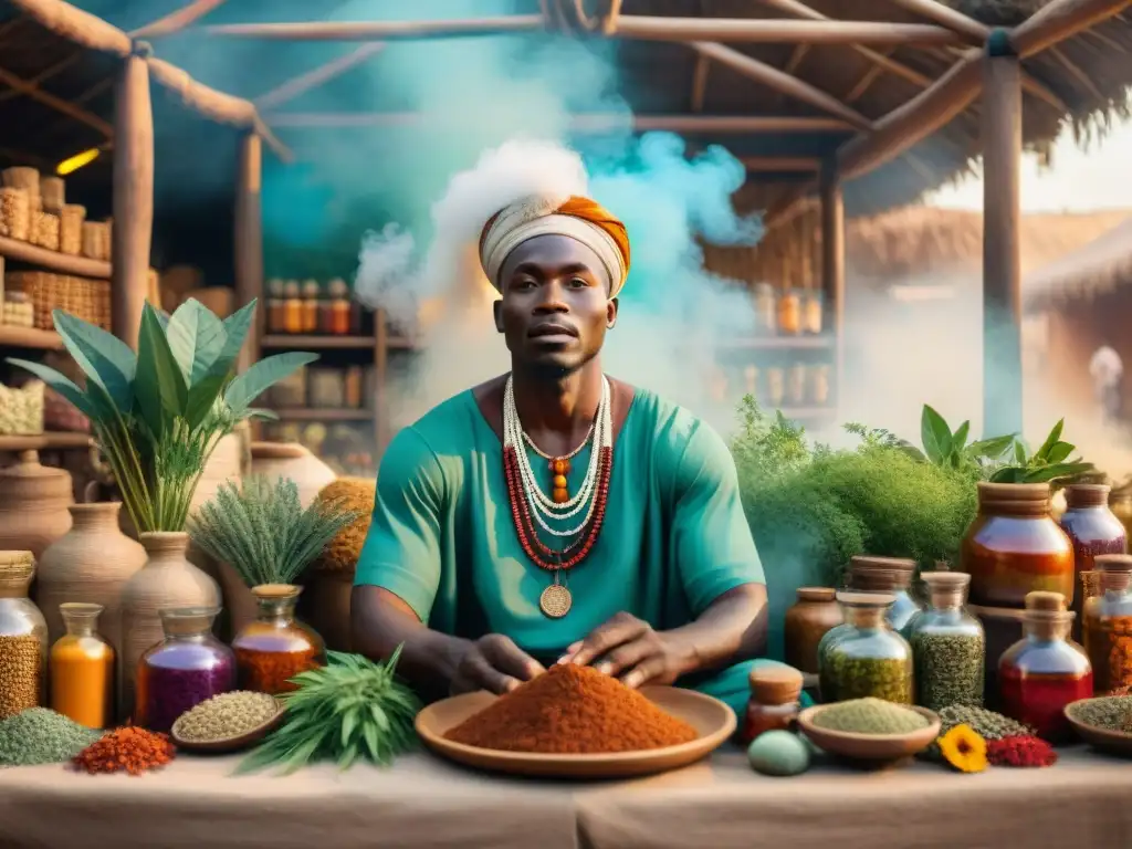 Un sanador tradicional africano en un bullicioso mercado, dispensando medicina tradicional mientras interactúa con personas de diferentes culturas