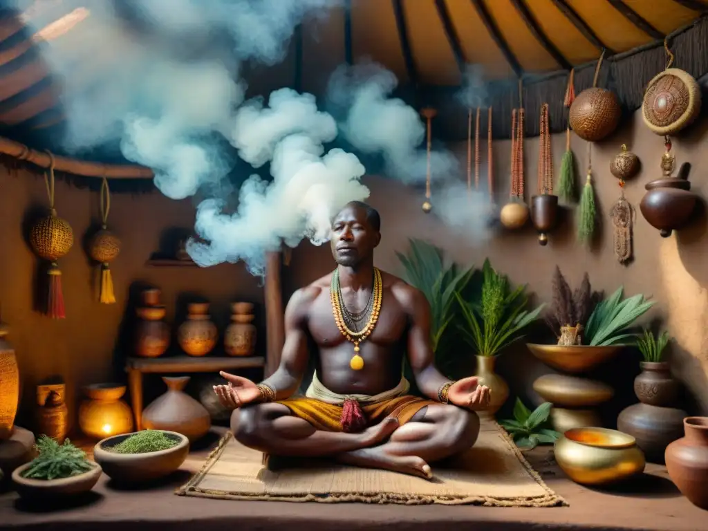 Un sanador tradicional africano en su cabaña, rodeado de hierbas y estatuas talladas, creando una poción mágica