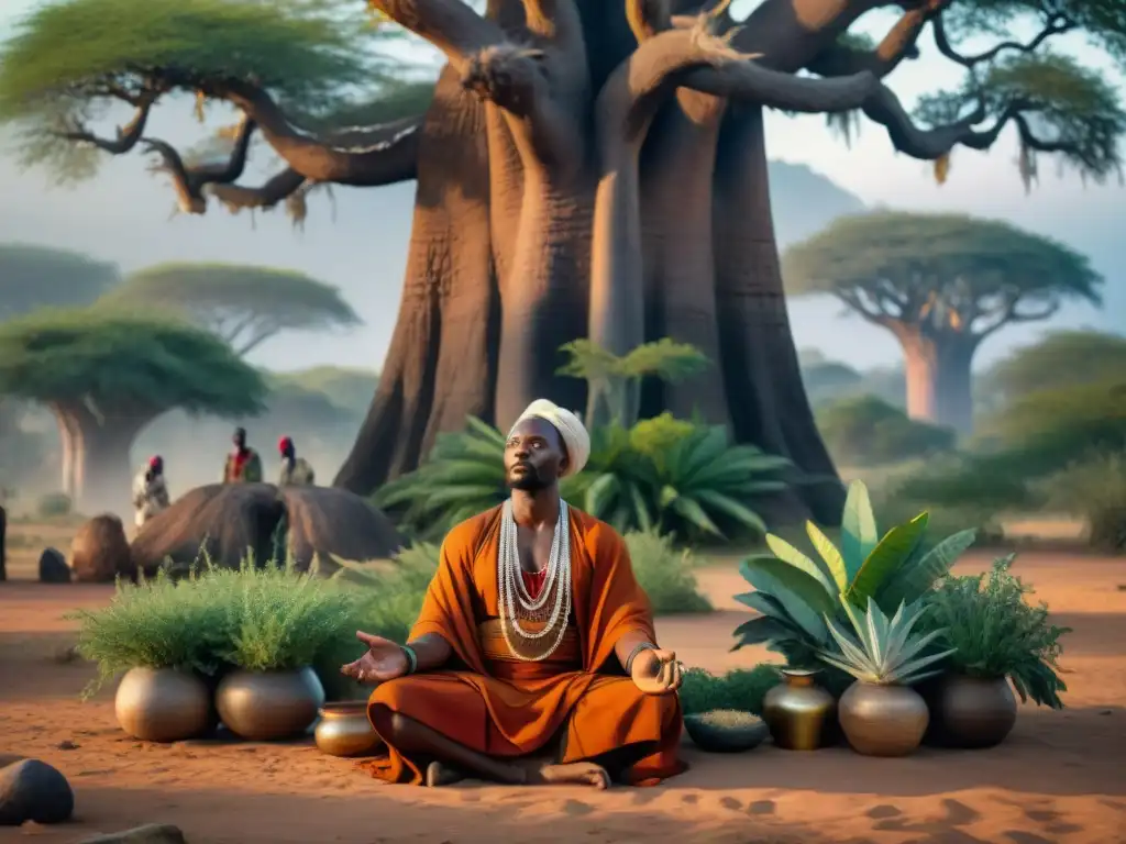 Un sanador tradicional africano realiza una ceremonia de curación bajo un Baobab, rodeado de plantas medicinales