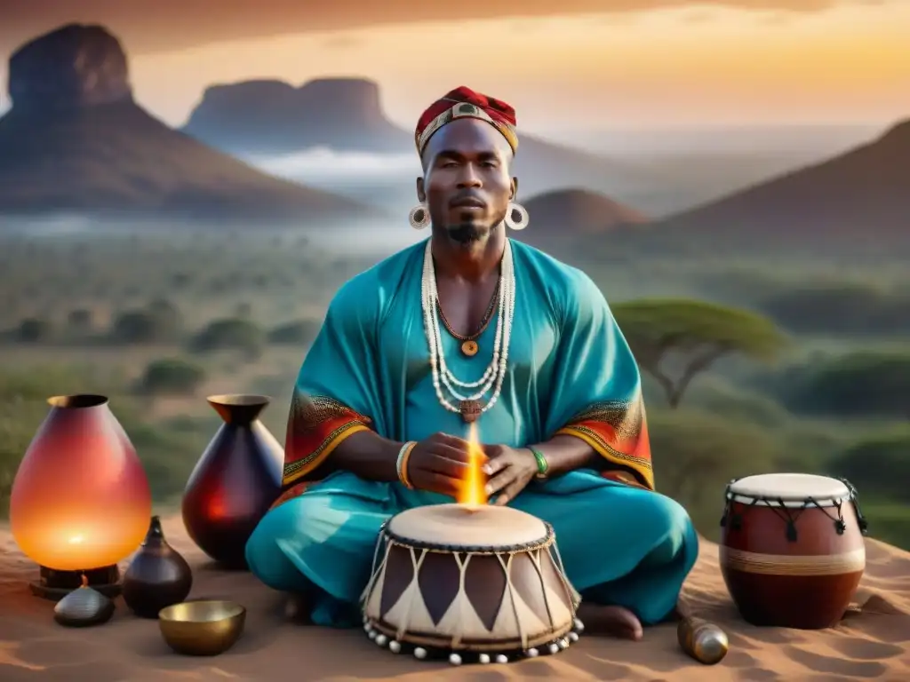 Un sanador tradicional africano realizando una ceremonia de sanación a través del sonido al atardecer