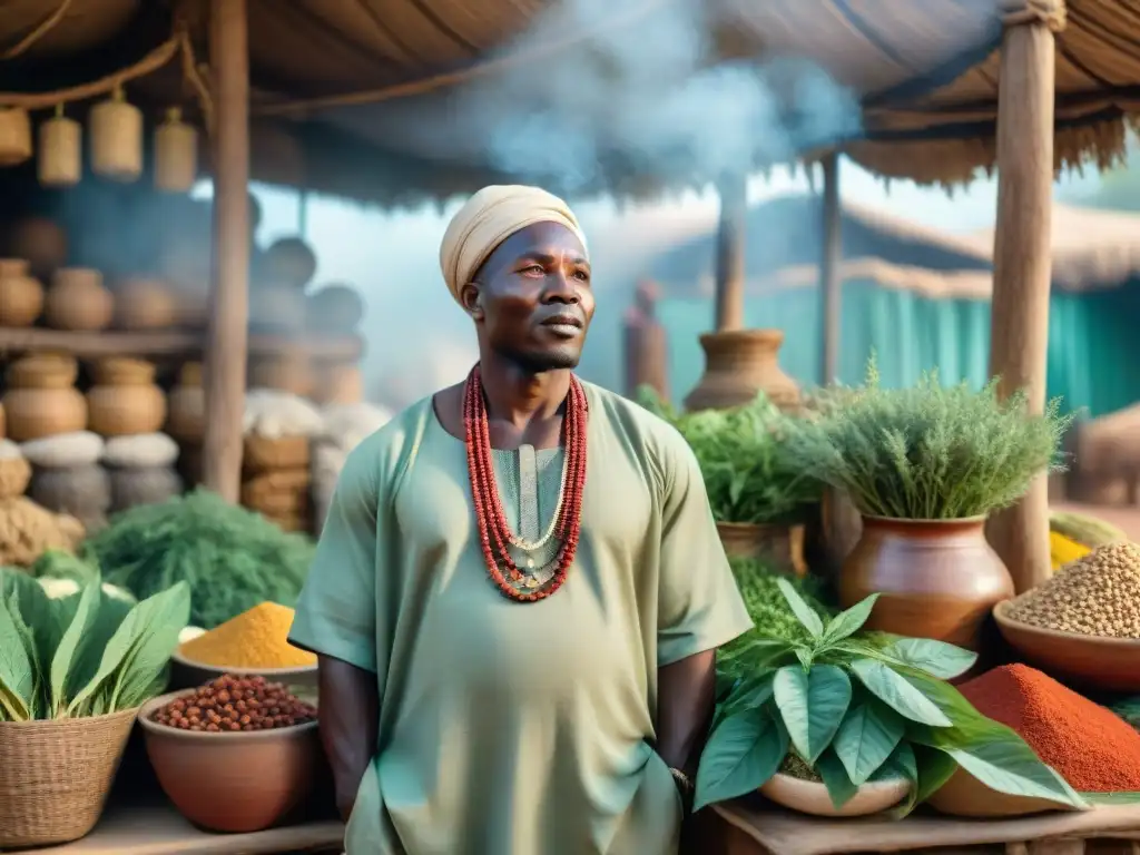 Un sanador tradicional africano conversando con un lugareño en un bullicioso mercado, rodeado de hierbas y plantas coloridas