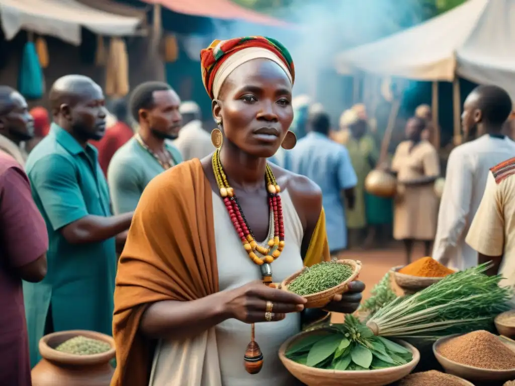 Un sanador tradicional africano en un mercado vibrante, rodeado de hierbas y herramientas