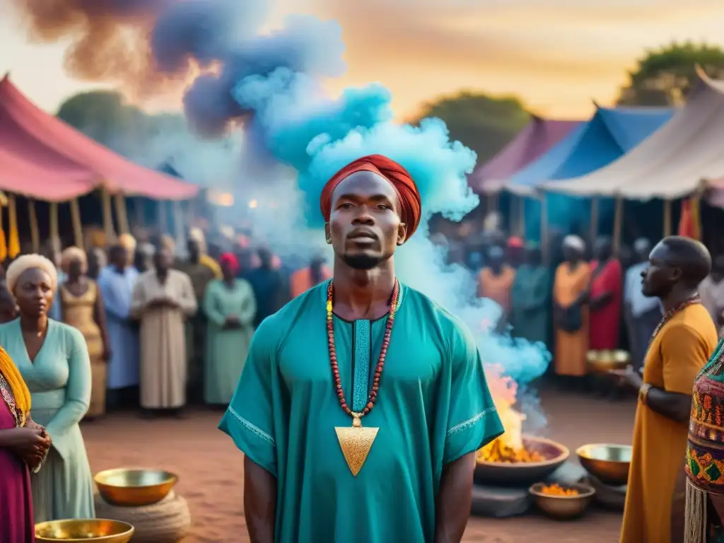 Un sanador tradicional africano en un mercado vibrante, influencia de lo sobrenatural en África