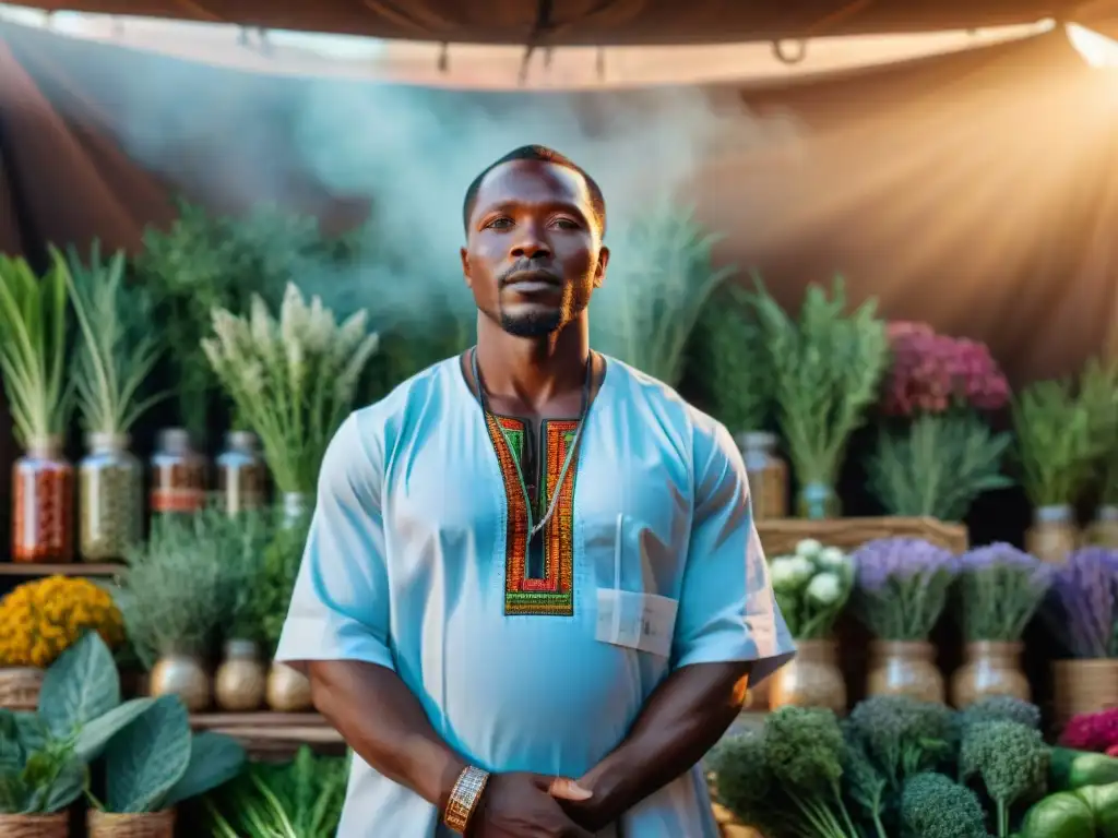 Un sanador tradicional africano en un mercado vibrante, rodeado de hierbas y plantas coloridas