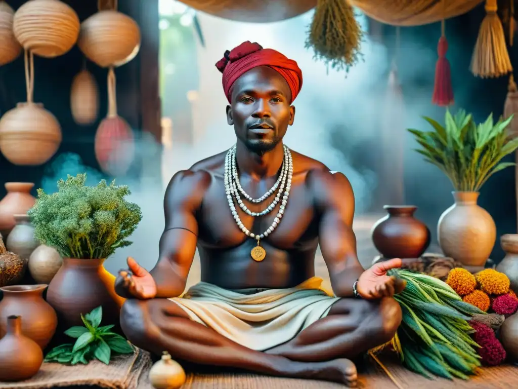 Un sanador tradicional africano en un mercado vibrante, practicando medicina ancestral