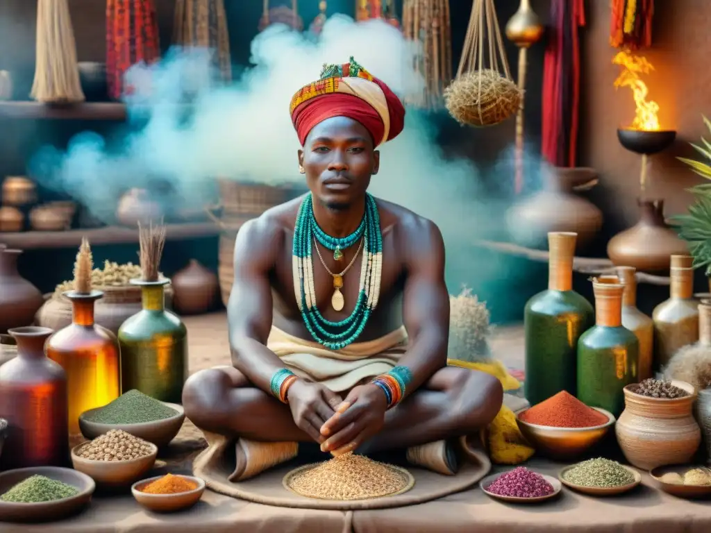 Un sanador tradicional africano en un mercado vibrante, rodeado de hierbas secas, raíces y pociones coloridas, consultando con un grupo diverso